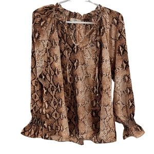 Entro snake skin reptile top ruffle sleeve tie v-neck popover lightweight small